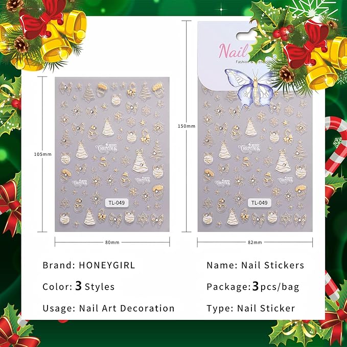 3 Sheets Christmas Tree Nail Art Stickers 5D Self-Adhesive Embossed Cartoon Santa Claus Snowflake Designs Xmas Decals Winter Christmas Tie-Bow Ball Nail Stickers Supplies for DIY Manicure Decor