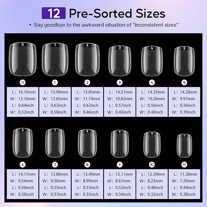 Press On Nails Extra Short Square - 312pcs Gel Tips Full Cover Extension Pre-Shape Fake Acrylic DIY 12 Sizes