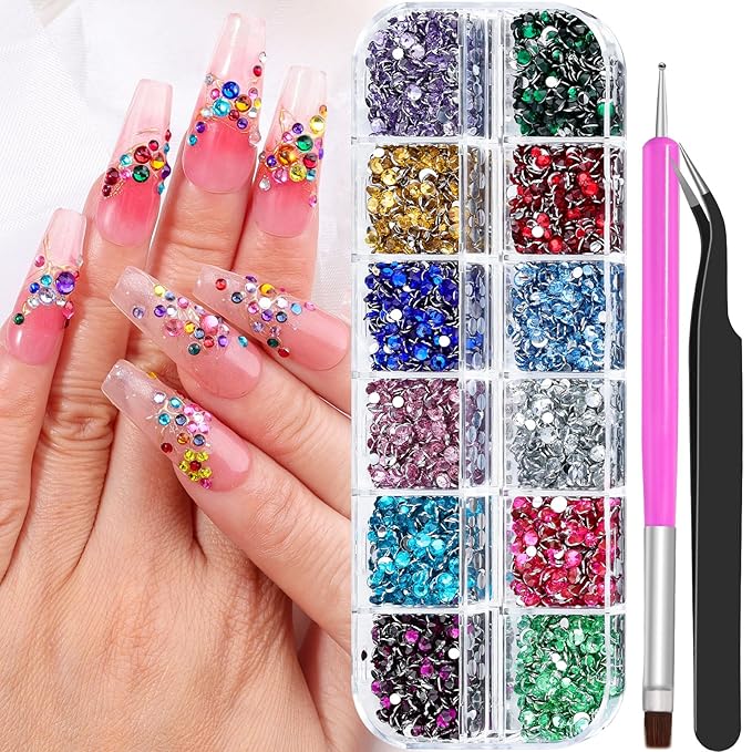 5000Pcs Resin Rhinestones for Nail Art, Small Colorful Rhinestone 2/3mm Bedazzling Flatback Crystals Nail Gems Nail Rhinestones with Pickup Tools for Manicure Decor Crafts DIY