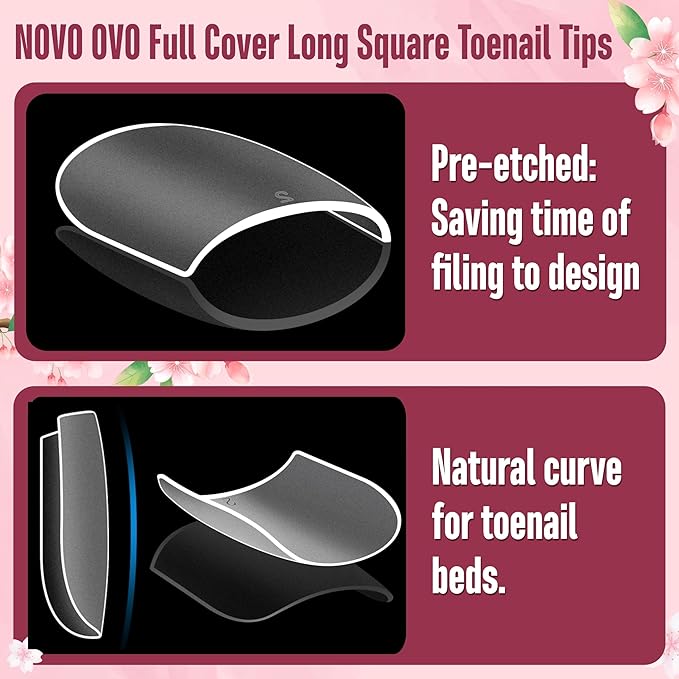 NOVO OVO Long Square Toe Nail Tips Press on Full Cover, Extra Wide Clear Toenails Kit, Pre-shaped Double MatteToenails For Women Men Big Toe Long Nail Beds x 15 Sizes 360 Pcs up to 12 Pedicures