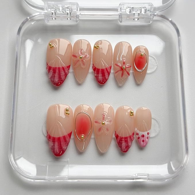 Luxury Press on Nails Medium Almond Handmade 3D Unique Reusable ABS Material Fake Nails Pink French Tip False Nails with Designs Pink Floral Polka Dots Glossy Glue on Nail Thick Acrylic Nail(M)