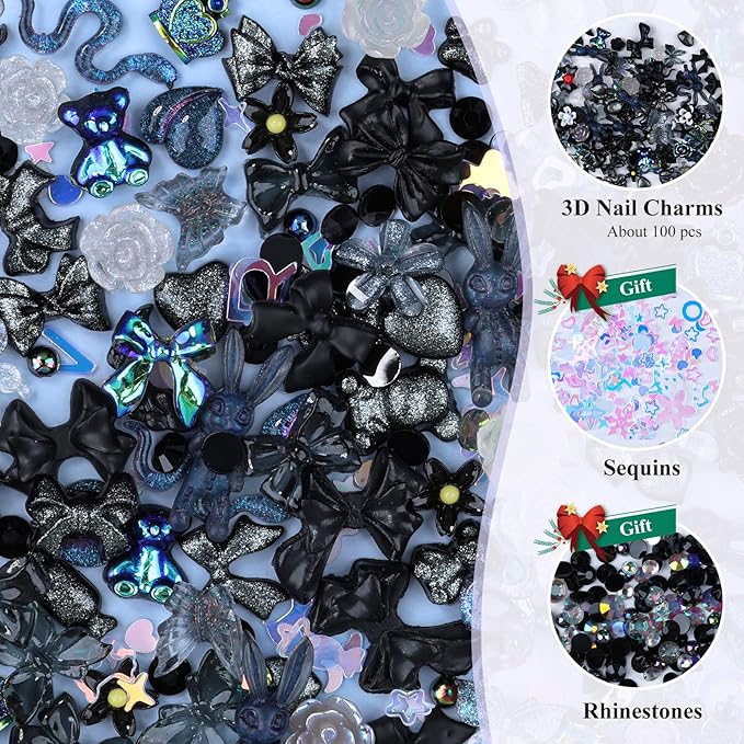 100 Pieces 3D Resin Butterfly Bear Nail Charms Rose Flower Peach Skirt Bow Deer Snake Rabbit Animal Shaped Nail Art Rhinestones Pearls for DIY Nail Art Decoration Making Craft (Black)