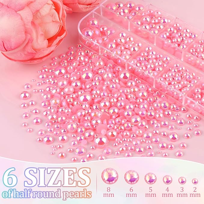 Flatback Pearls for Crafting with 3Pcs 10ml B7000 Jewelry Glue, 1 Box of Half Round Pink AB Pearls, Bedazzling Beads for DIY Crafts Clothing Tumblers Shoes Embellishment Nail Art