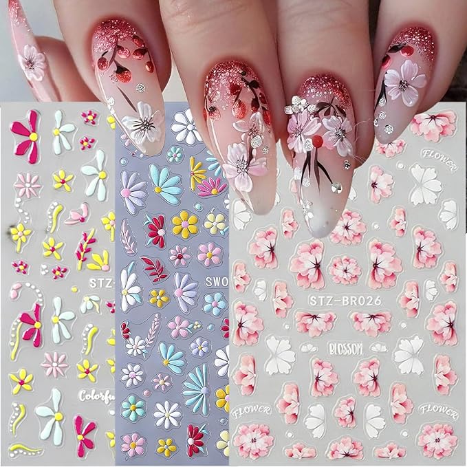 3 Sheets Spring Flower Nail Stickers White Pink Peach Blossoms Nail Art Stickers Colorful Embossed Daisy Nail Decals 3D Self-Adhesive Cute Flowers Nail Art Decals for Women Nail Designs