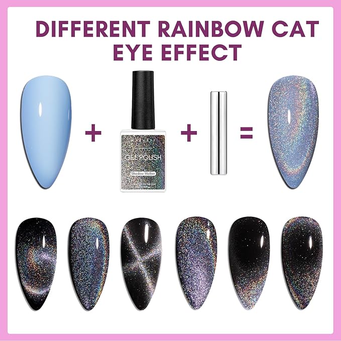 Makartt Nail Art Brushes,Liner for Nails, 5pcs, 7/9/11/15/25mm Bundle With Universal Rainbow Cat Eye Gel Nali Polish 10ml Holographic 9D Sparkly Hole Cat Eye Glitter Gel Polish