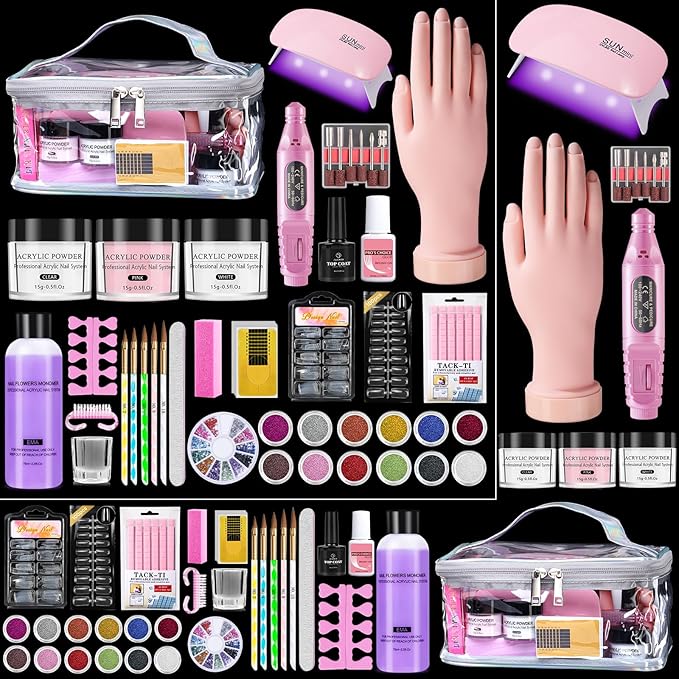 Nail Kit for Beginners with Everything: Practice Hand Acrylic Nail Set Professional Powder Drill Liquid Starter Kits with U V Lamp in Cosmetic Gift Bag for Women Salon Home (Sliver)