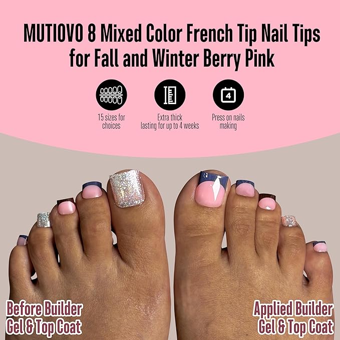 8 MIXED WINTER COLOR French Tip Toe Nail Tips Press on, BERRY PINK Sharp Square Medium Wide Fake Toenails, Full Cover Acrylic,Builder Gel & Top Coat,Need Nail Glue,for DIY x 15 Sizes 240 pcs