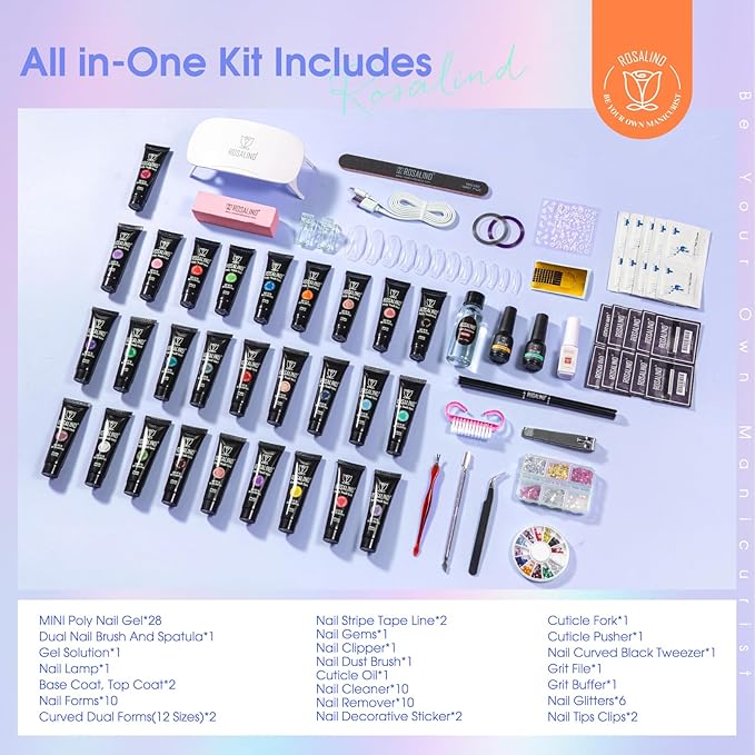 ROSALIND 28 Colors Poly Nail Gel Kit with Mini Lamp Clear Neon Christmas Poly Nail Gel Starter Kit for Beginners Halloween All Seasons Classic Colors with Everything