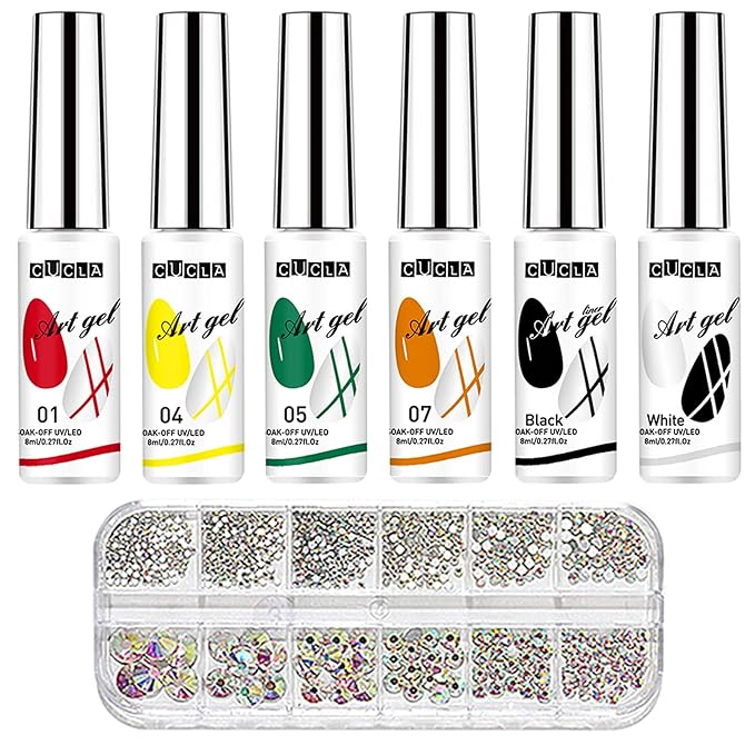 Vtrem 6 Colors Chrome Platinum Glitter Gel Nail Polish Including Sparkly Shiny White Orange Gel Polish Kit Nail Rhinestones Matrix Gel Nail Polish Home DIY Manicure Nail Salon Varnish