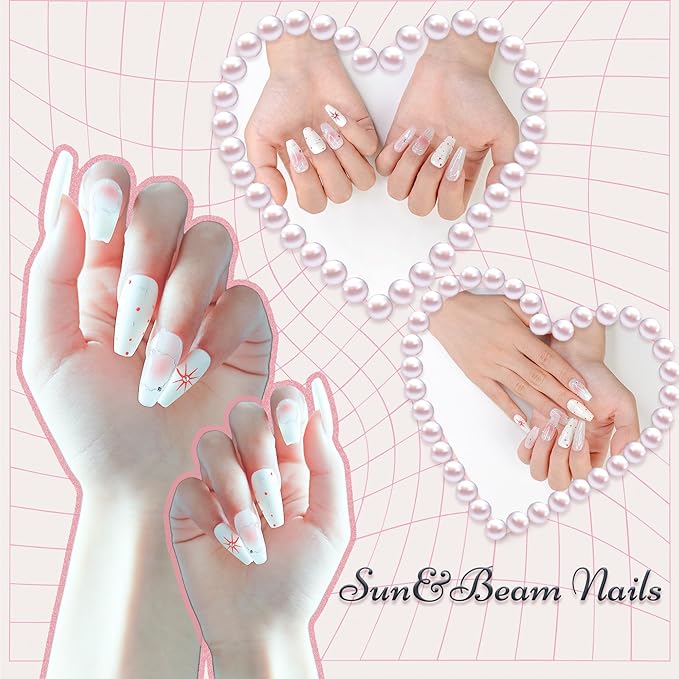 Sun&Beam Nails Handmade Press-on Medium Coffin Ballerina Silver Pink White Dot Ombre Rhinestone Design Fashion False Nail Tips 10 Pcs Set (#180 S)