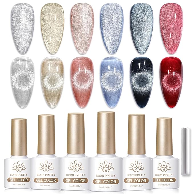 Born Pretty Cat Magnetic Eye Gel Nail Polish,Fall Winter Red Gold Silver Black Holographic Glitter Crystal Gel Polish Set Magnetic Nail Polish Kit Soak Off LED Nail Art DIY Salon Gift 7ML 6PCS