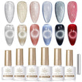 Born Pretty Cat Magnetic Eye Gel Nail Polish,Fall Winter Red Gold Silver Black Holographic Glitter Crystal Gel Polish Set Magnetic Nail Polish Kit Soak Off LED Nail Art DIY Salon Gift 7ML 6PCS