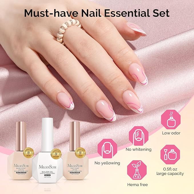 MelodySusie Hema Free Top Coat Base Coat Builder Gel Set Long Lasting Shine Finish Soak Off UV LED Nail Lamp Nail Polish Art Design Manicure Kit Perfect Gifts for Women Girls 3 Pcs 15ml Clear