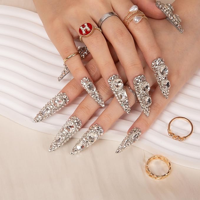 LOVFUL Press on Nails Silver Majesty | Handmade with Full Covered Crystals | Reusable Full Cover Nails | Stiletto Mid Length 1.7 in | H212-S