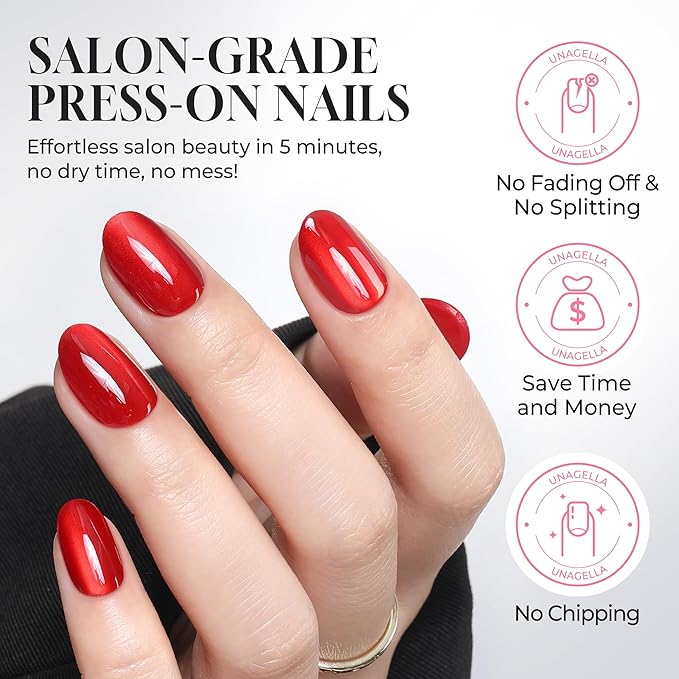 UNA GELLA 32Pcs Soft Gel Press on Nails - 16 Sizes Red Cat Eye Oval Round Glue on Nails, Reusable Glitter Velvet False Nails, Full Cover Acrylic Nail Kit for Women DIY Home Manicure