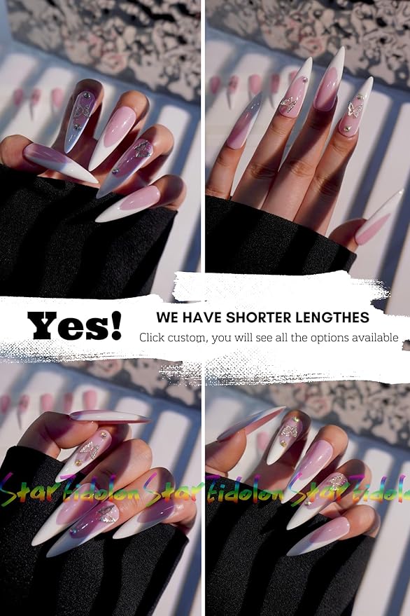 HAND-PAINTED White Press Ons Neon Small Press on Nails Long French Press on Nails Coffin Medium Short Nail art Fake Nail Art Kit with 7g Glue on Nails Handmade Almond Square Nails (Medium, T14)