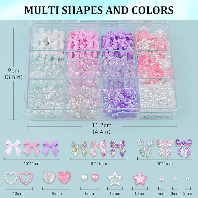 500 Pcs 3D Nail Charms and Flatback Pearls #11, 6 Colors Bow + Pink&White Star Heart Cute Charms + 2-6mm White Pearls for Nail Art Design with Nail Charm Glue(UV Needed) and Pickup Tools