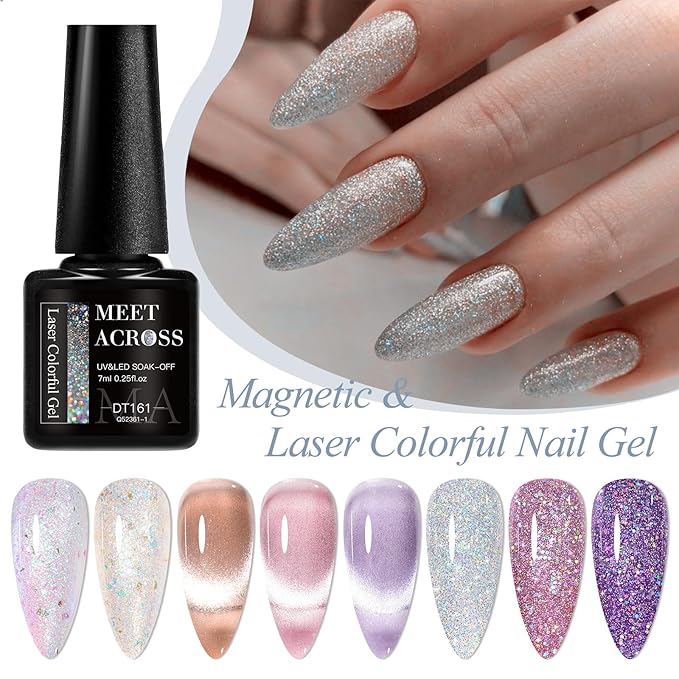 MEET ACROSS 8pcs Gel Nail Polish Set, UV LED Lamp, Nail Art Kit (7ml Cat Eye Glitter Gel Polish)