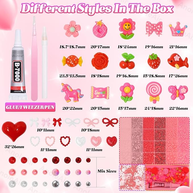 Junk Case Charms Kit, Pink Red Pearls Resin Rhinestones Bedazzling Kit, Cute Candy Bear Cartoon Phone Cases Charms, Junk Case with Big Charm for Crafts Nail Art DIY Accessories
