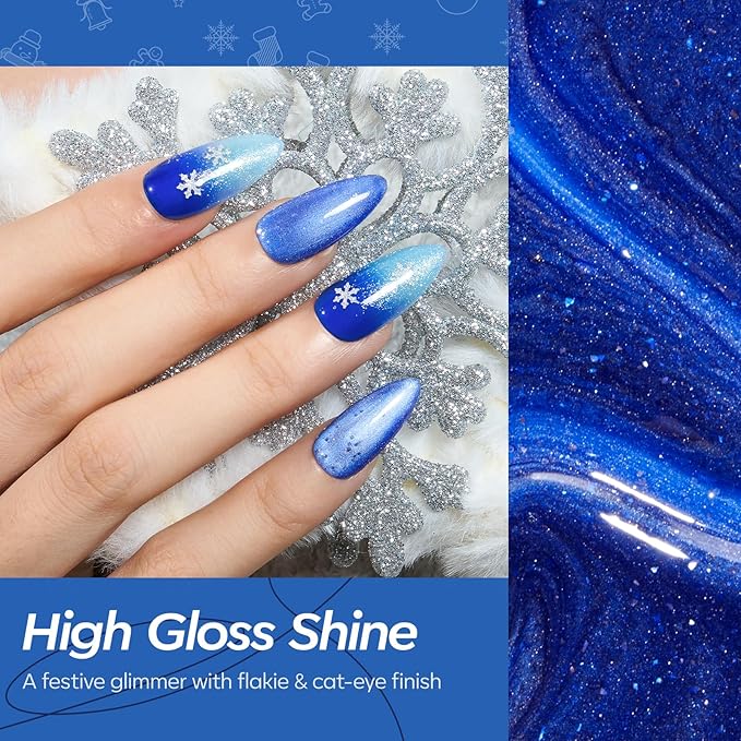 modelones Blue Gel Nail Polish Set, 6 Colors Cat Eye Glitter Color Changing Chameleon Gel Polish Kit with Magnet Snow Stickers Soak Off Led Nail Art Manicure Salon DIY Holiday Gifts