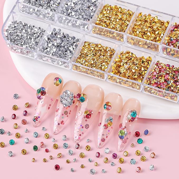 4200 Pcs Nail Art Rhinestones Kit,2-3mm Shiny Gold/Silver/Mixed Colors Rhinestones,3D Pointed Bottom Nail Gems with Tweezers and Dual-end Brush for Manicure DIY Crafts Face Makeup(26-K1-pointed-GS)