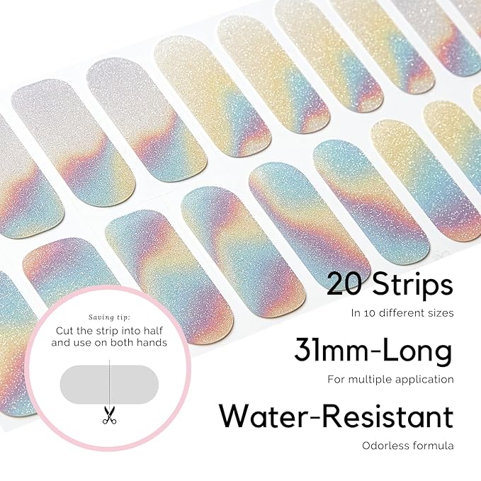 Semi Cured Gel Nail Strips - NAILOG 20 Pcs Rainbow Glitter Gel Nail Stickers Extra Long Nail Wraps with Glossy Gel Finishing for Spring Summer, Misty Glow