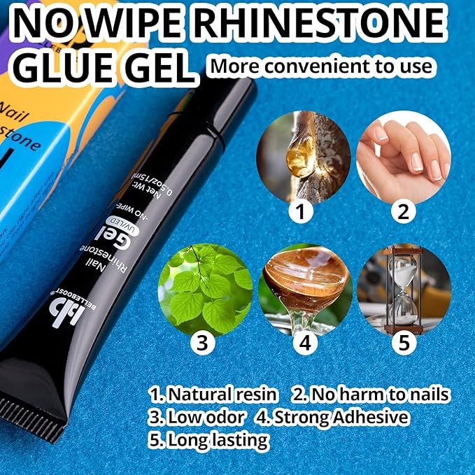 BELLEBOOST Nail Art Rhinestone Glue Gel&2 Boxes Flatback Gems Kit, 1 Tube of 15ml Rhinestone Gel Glue+Round AB&Clear Gems+Flat-Back Half Round White&Beige Pearls with Pickup Tools