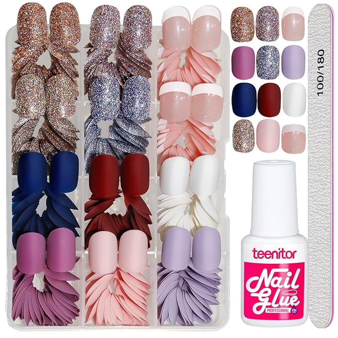 Teenitor Matte Press on Nails, 288pcs Acrylic False Nails, Short Round & Square French Design, Full Cover, 10 Sizes, DIY Starter Kit