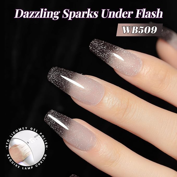 YTD Likomey Color Changing Gel Nail Polish,15ml Reflective Glitter Grey to Black Mood Temperature Change Colors Thermal Ombre Fall Winter Flash Sparkle UV Nail Varnish,HEMA Free TPO Free,WB509