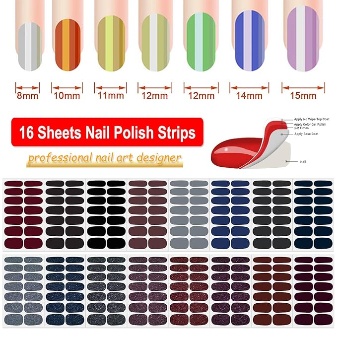 DANNEASY 16 Sheets Dark Nail Wraps for Women Solid | Glitter Nail Polish Stickers Full Nail Polish Strips Gel Nail Strips Self Adhesive Fingernail Sticker Nails with File, Cuticle Stick