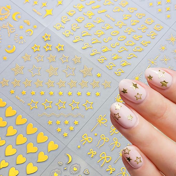 30 Sheets Gold Nail Sticker 3D Self-Adhesive Nail Decals Star Moon Heart Cute Knot Bow Design Nail Art Stickers for Women DIY Nail Art Decoration Accessories