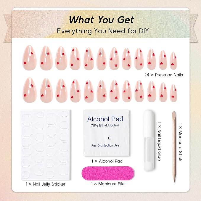 Pearlescent Press on Nails Medium, Glazed Nude Pink with Red Heart Fake Nails Almond Chrome Acrylic Press Ons for Women, Natural Fit Full Cover Glue on Nails in 12 Sizes - 24 Pieces Nail Kit