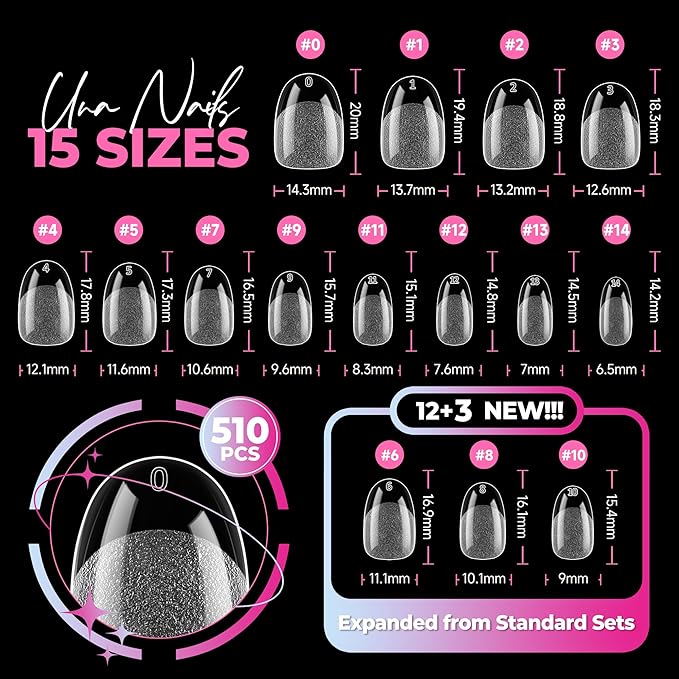 UNA GELLA Short Oval Nail Tips, 510Pcs 15 Sizes Pre-Buffed Full Cover False Nails, No File Needed Inner Matte Soft Gel Nail Tips, Clear PMMA Soak Off Acrylic Nail Extensions for DIY Home Salon