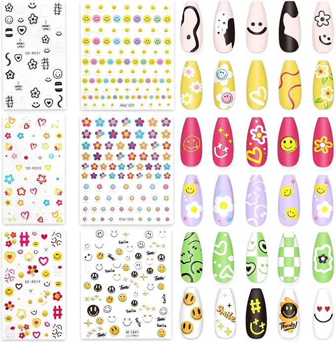 JarThenaAMCS 6 Sheets 5D Embossed Nail Art Stickers Smile Face Floral Decorative Self-Adhesive Nail Decals for DIY Manicure Party Supplies