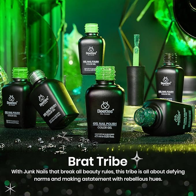 Beetles Neon Green Gel Nail Polish Set, 6 Color Glitter Silver Brat Tribe Gel Polish with Rhinestones for DIY Nail Art Festival Manicure Gift for Women