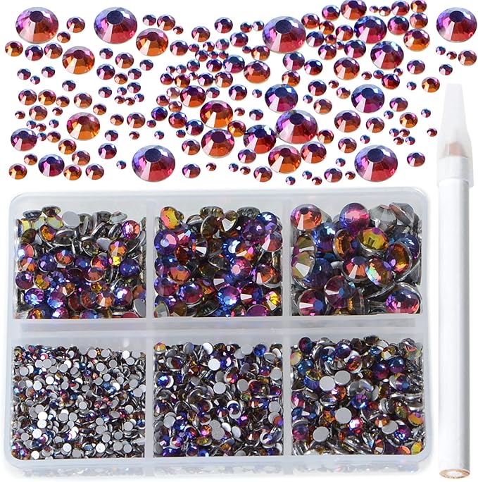 Bymitel 5000 Pieces 6 Mixed Sizes Glue Fix on Glass Rhinestones Round Crystal Gems Flatback for DIY Jewelry Making with one Picking Pen(6-Sizes 5000PCS, Blue Volcanic)