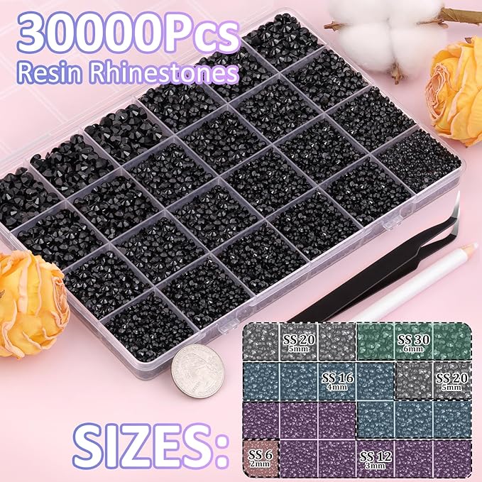 30000Pcs Black Rhinestones for Bedazzling with B7000 Jewelry Glue, Bedazzler Kit Bulk Flatback Gems, Resin Rhinestones for Crafting Crafts Clothing Shoes Fabric Nail Art Assorted Size 2/3/4/5/6mm