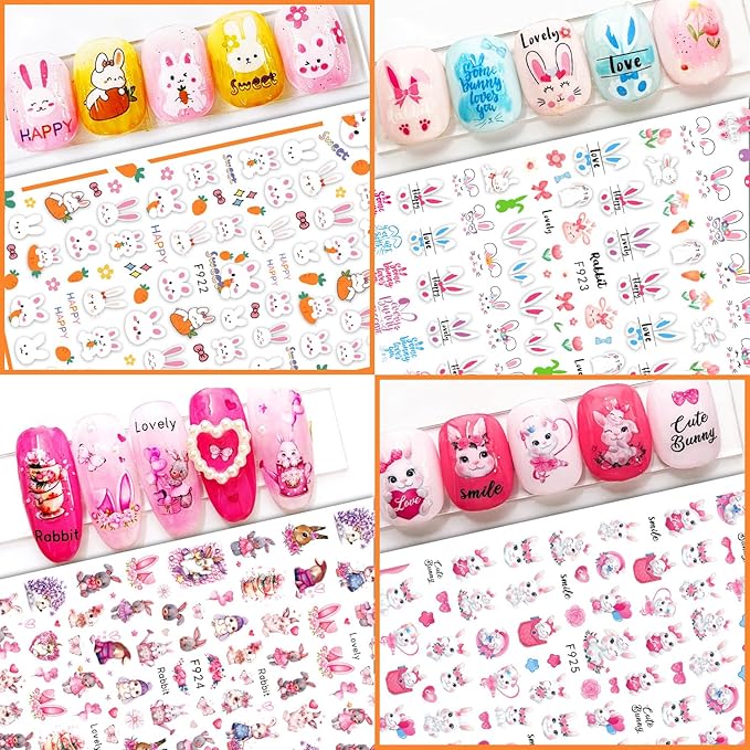 8 Sheets Easter Nail Decals for Nail Art Cartoon Rabbit Nail Art Stickers 3D Self-Adhesive Heart Flower Carrot Bunny Nail Decals Cute Easter Nail Supplies for Women Acrylic Nails Decorations