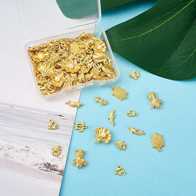 Pandahall 100Pcs Small Alloy Resin Fillers Supplies Ocean Theme Tortoise Fish Dolphin Goldfish Filling Accessories for Resin Jewelry Making
