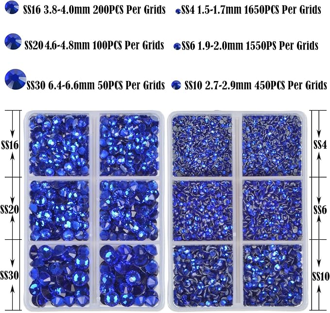 NCB Hotfix Iron on 8000pcs Crystal Rhinestones Round Gem for Crafts Decoration DIY Jewelry Making with a Tweezers and 2 Picking pens (Sapphire, 6Sizes SS4-SS30)