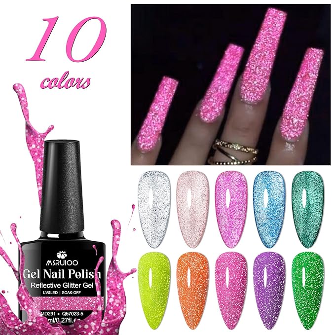 12Pcs Glitter Cat Eye Gel Nail Polish, Magnetic Cat Eye Gel Polish Set with Magnet + Reflective Glitter Gel Polish Set Christmas Manicure Kit 10 Colors