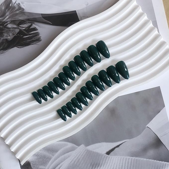 Dark Green Press on Nails Almond Shaped Medium Almond Nails Press on Neutral Acrylic Nails Reusable Fake Nails for Women Girls, Glue on Nails Medium Length Stiletto False Nails Gel Artificial Nails