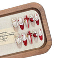 Christmas Press On Nails, Angora Red Cat Eye French Tips with Bow Design, Long Stiletto Shape, 10 Pieces (XS, LS)