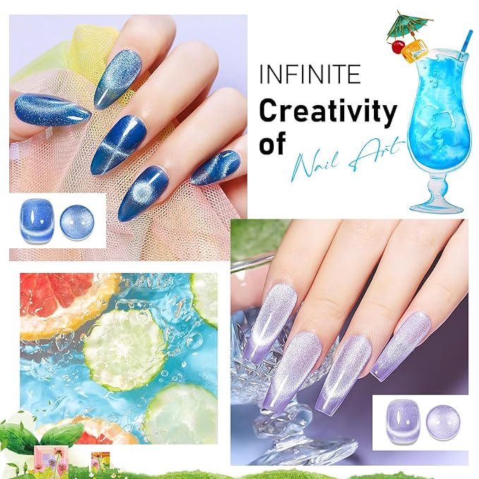 MIZHSE Cat Eye Gel Nail Polish: 8 Colors Summer Magnetic Gel Polish Kit with Magnet Stick, Shimmery Glitter Neon Colors Green Yellow Blue Soak Off Nail Art Salon Home Manicure Women Gift