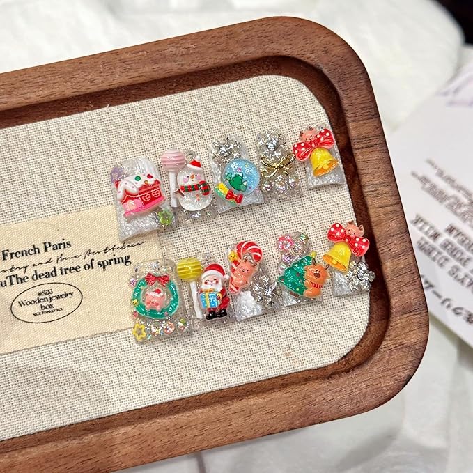 10Pcs Cute Christmas Press on Nails Handmade Duck Fake Nails with 3D Christmas Cartoon Design Medium False Nails Handmade Acrylic Nails Press ons Xmas Artificial Glue on Nail for Women (M)