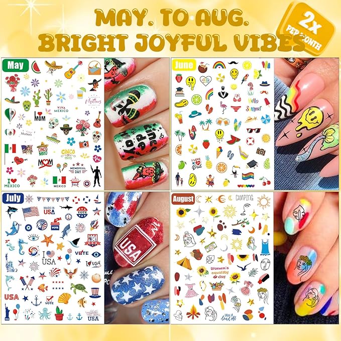 12 Months All Holiday Nail Stickers, 24 Sheets Seasonal Variety Pack 2 Pcs Per Month DIY Nail Art, Self-Adhesive Pegatinas Uñas for a Year of Halloween Christmas Thanksgiving&Valentine’s Day