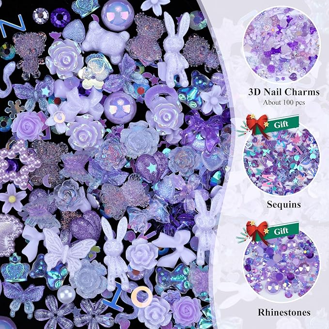100 Pieces 3D Resin Butterfly Bear Nail Charms Rose Flower Peach Skirt Bow Deer Snake Rabbit Animal Shaped Nail Art Rhinestones Pearls for DIY Nail Art Decoration Making Craft (Purple)