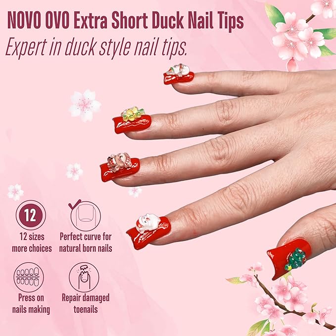 NOVO OVO 240pcs Duck Feet Nail Tips for Small and Medium Hand, Extra Short Full Cover Press On Acrylic, Clear Full Coverage Thick Flare French Soft Gel Fake False Nail Extension x 12 Sizes