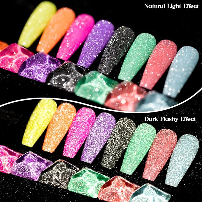 MIZHSE Reflective Glitter Gel Polish Set, Neon Reflective Gel Polish Shimmery Sparkly Diamond Soak Off U V LED Gels Polish Home Manicure Nail Art Salon