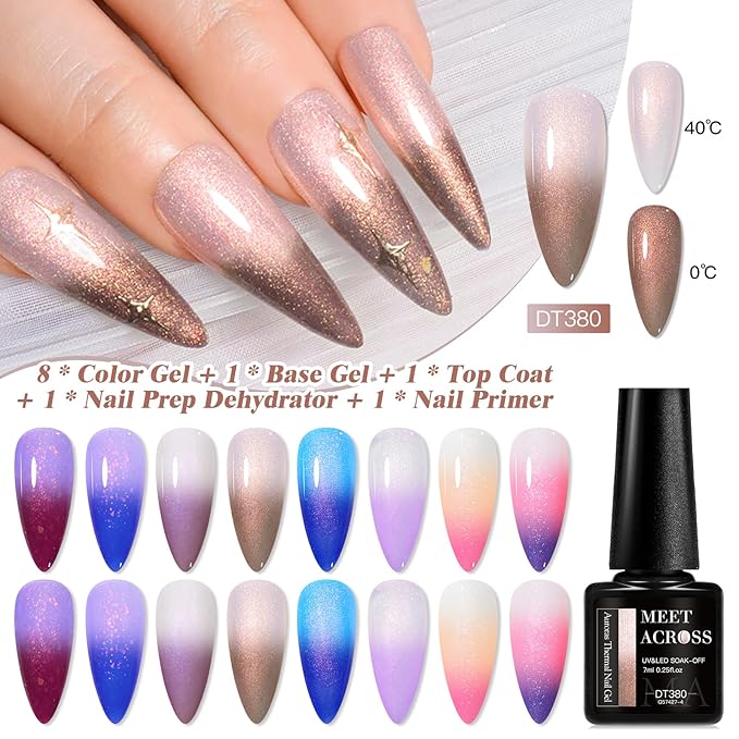 MEET ACROSS 12 Pcs Color Changing Gel Nail Polish Set, 8 Colors Red Pink Glitter Blue Purple Mood Temperature Change Nail Polish with Base Top Gel Nail Dehydrator and Primer